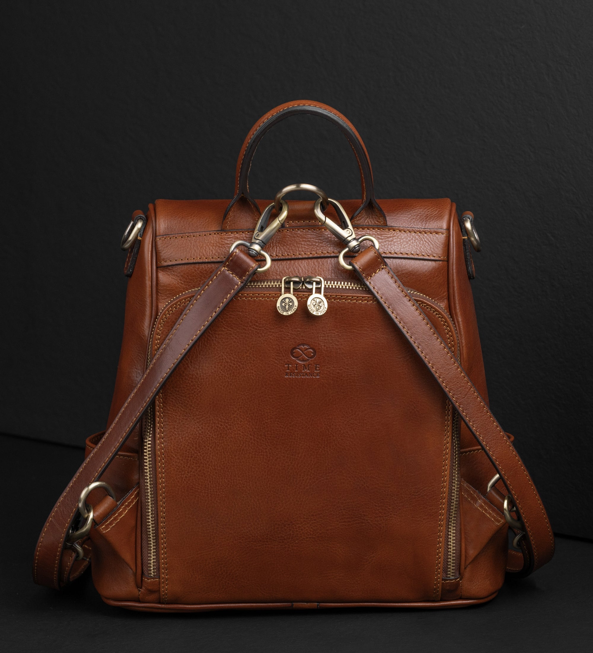 Sac à dos convertible en sac à l’épaule en cuir marron cognac pour femme The Waves